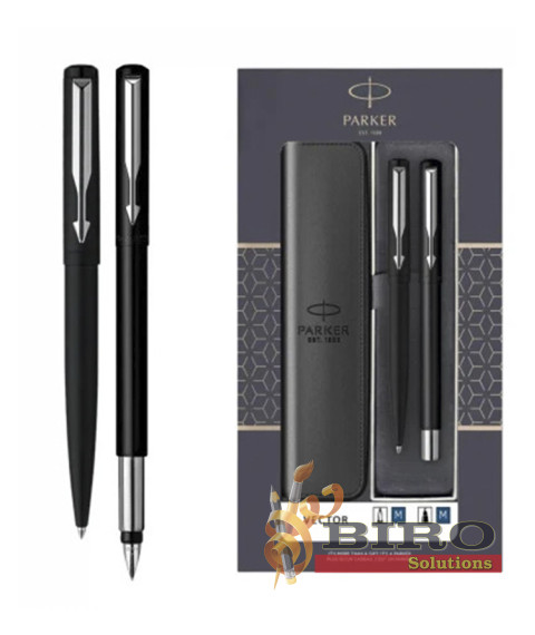 Set Parker Vector Metal Negru GT – stilou + pix, casetă cu fereastră și etui